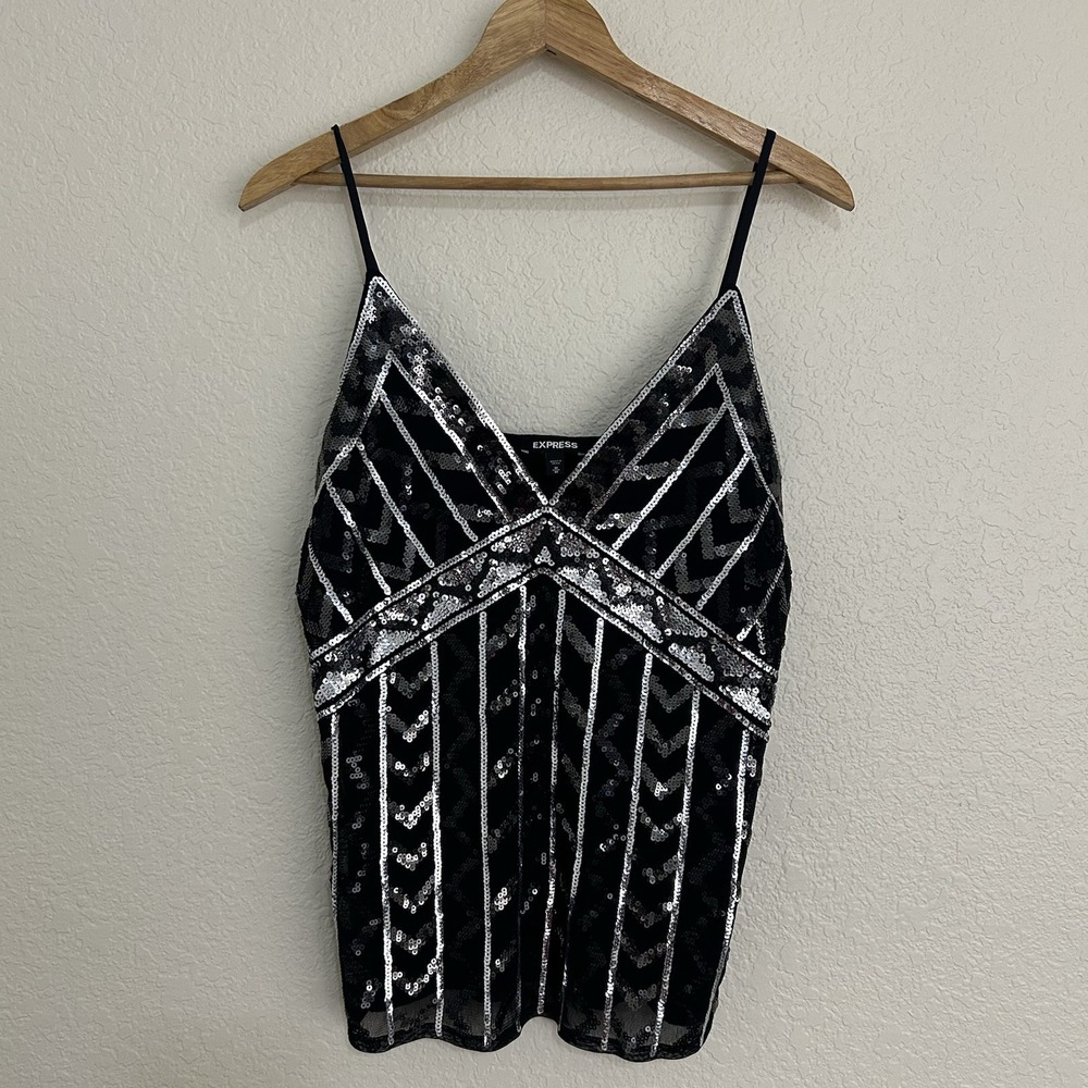 EXPRESS Black Sequin Art Deco Tank Top Sz M Embellished Camisole V Neck Sparkly